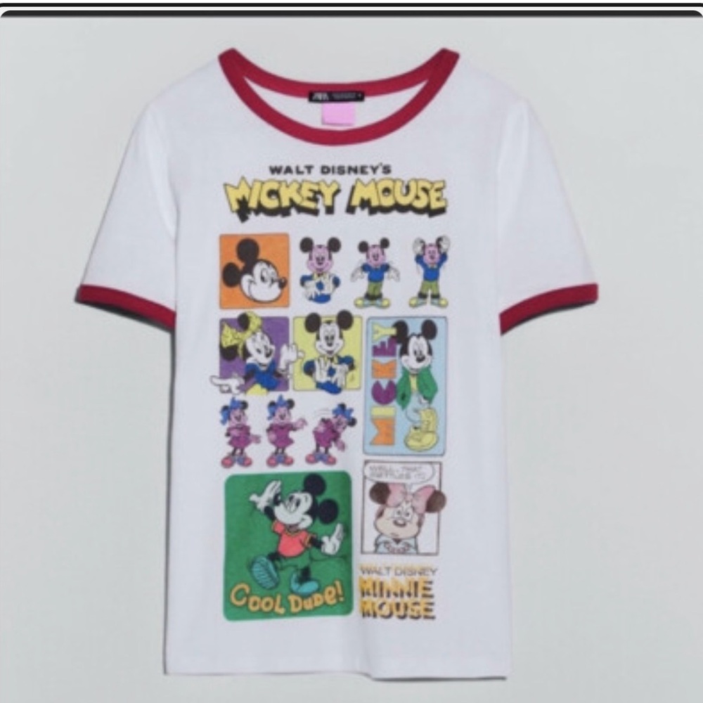 Zara White Tee with Red Trim and Disney Mickey Graphic